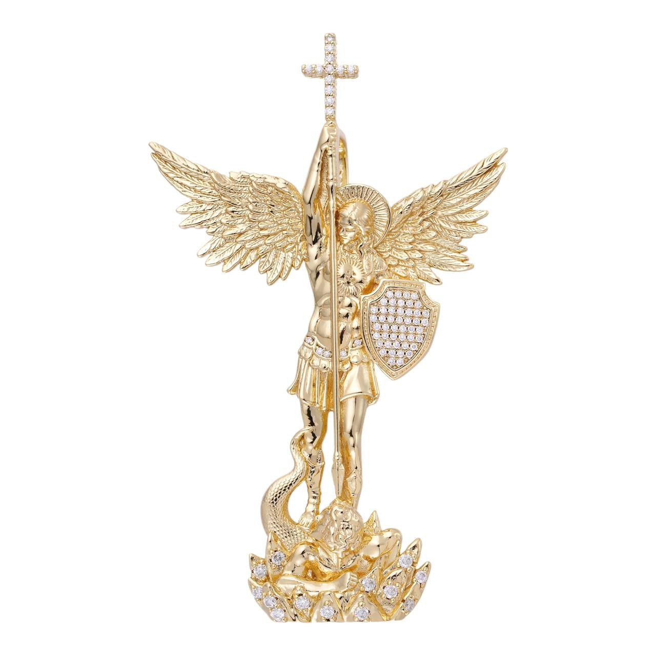 HarlemBling MOISSANITE Saint St Michael Slaying Dragon Archangel Pendant - 14k Gold Vermeil 925 Silver - 3 Sizes 1"-3"