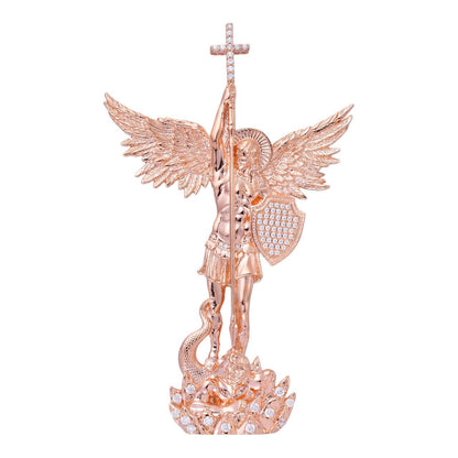 HarlemBling MOISSANITE Saint St Michael Slaying Dragon Archangel Pendant - 14k Rose Vermeil 925 Silver  - 3 Sizes 1"-3"