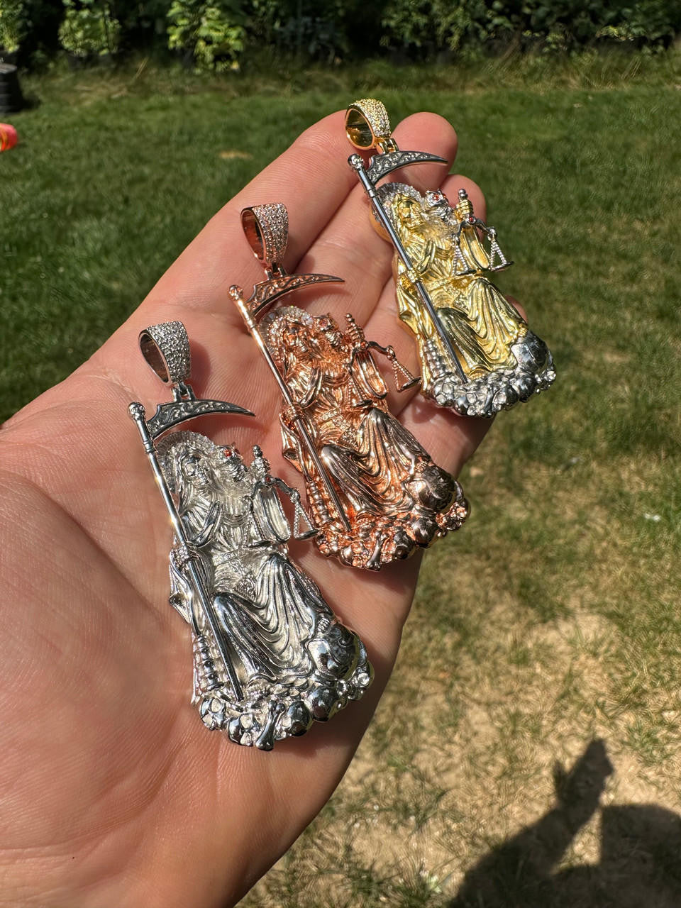 HarlemBling MOISSANITE Santa Muerte Grim Reaper Pendant 925 Silver / 14k Gold Rose Necklace