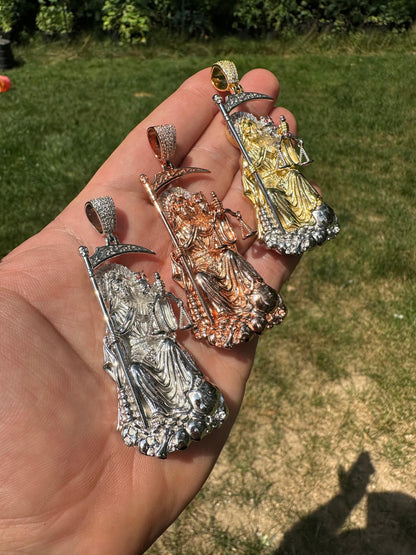 HarlemBling MOISSANITE Santa Muerte Grim Reaper Pendant 925 Silver / 14k Gold Rose Necklace