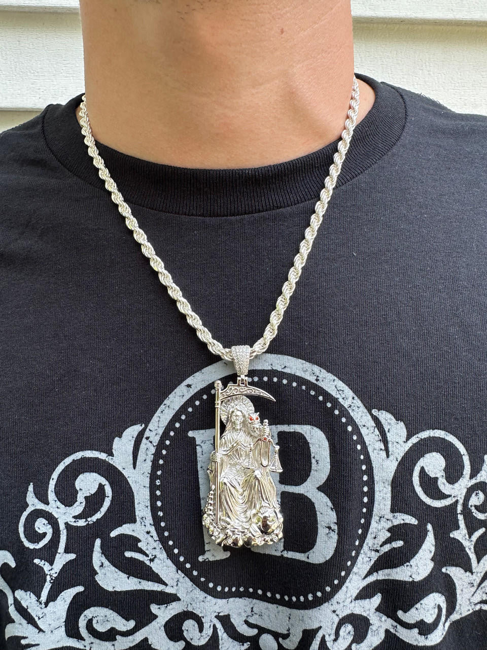 HarlemBling MOISSANITE Santa Muerte Grim Reaper Pendant 925 Silver / 14k Gold Rose Necklace