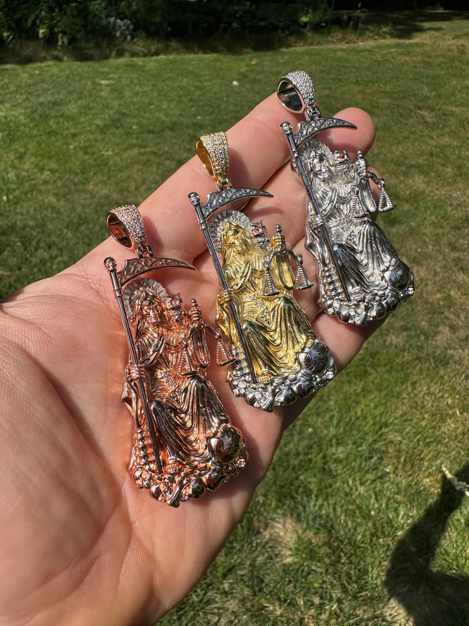 HarlemBling MOISSANITE Santa Muerte Grim Reaper Pendant 925 Silver / 14k Gold Rose Necklace