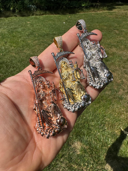 HarlemBling MOISSANITE Santa Muerte Grim Reaper Pendant 925 Silver / 14k Gold Rose Necklace