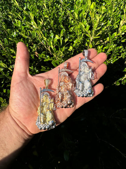 HarlemBling MOISSANITE Santa Muerte Grim Reaper Pendant 925 Silver / 14k Gold Rose Necklace