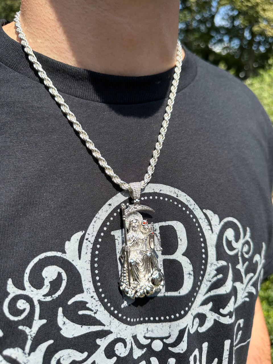 HarlemBling MOISSANITE Santa Muerte Grim Reaper Pendant 925 Silver / 14k Gold Rose Necklace