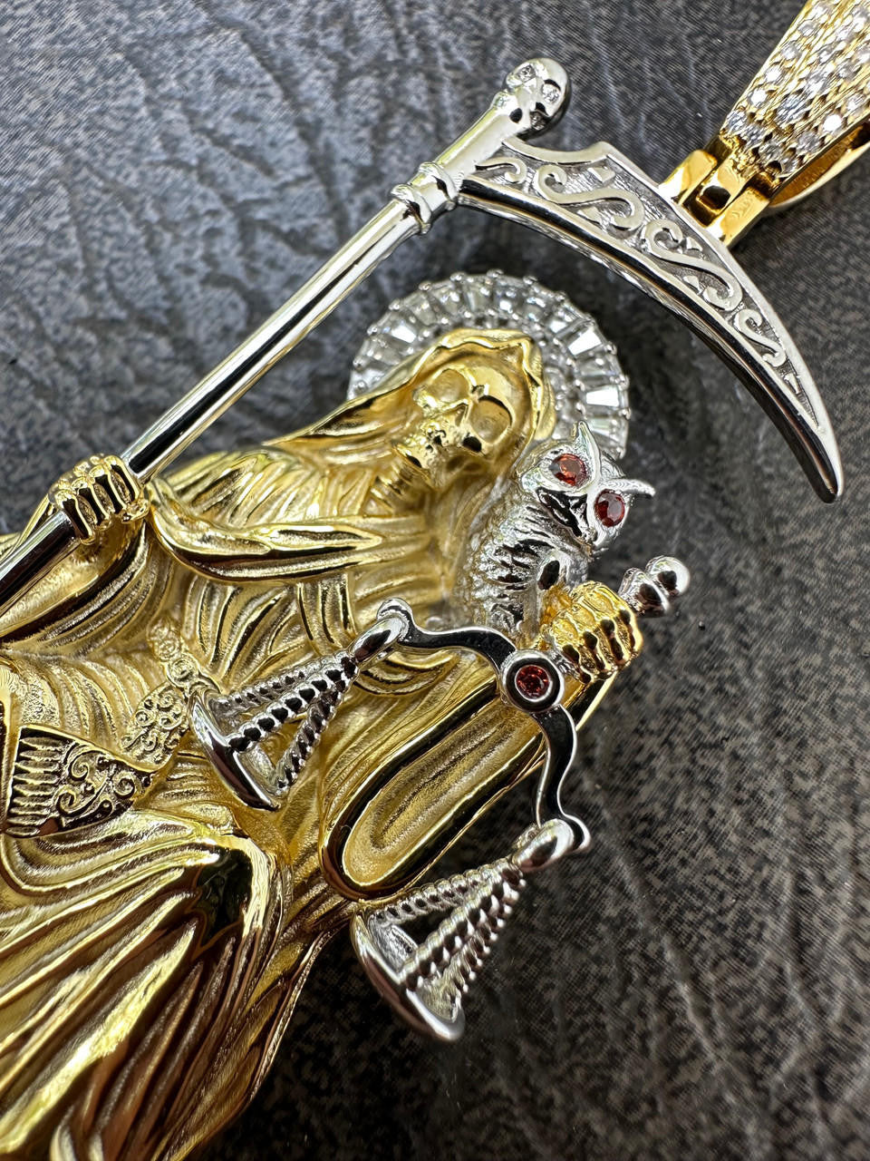 HarlemBling MOISSANITE Santa Muerte Grim Reaper Pendant 925 Silver / 14k Gold Rose Necklace