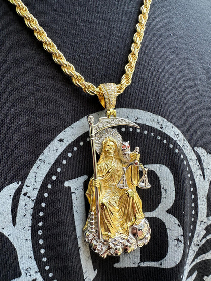 HarlemBling MOISSANITE Santa Muerte Grim Reaper Pendant 925 Silver / 14k Gold Rose Necklace
