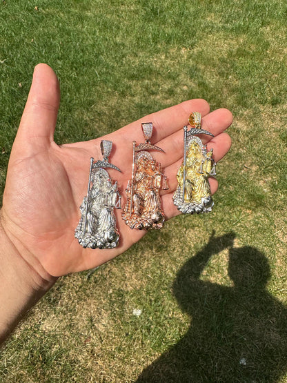 HarlemBling MOISSANITE Santa Muerte Grim Reaper Pendant 925 Silver / 14k Gold Rose Necklace