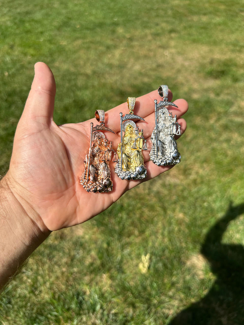 HarlemBling MOISSANITE Santa Muerte Grim Reaper Pendant 925 Silver / 14k Gold Rose Necklace