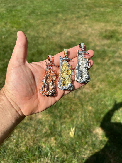 HarlemBling MOISSANITE Santa Muerte Grim Reaper Pendant 925 Silver / 14k Gold Rose Necklace