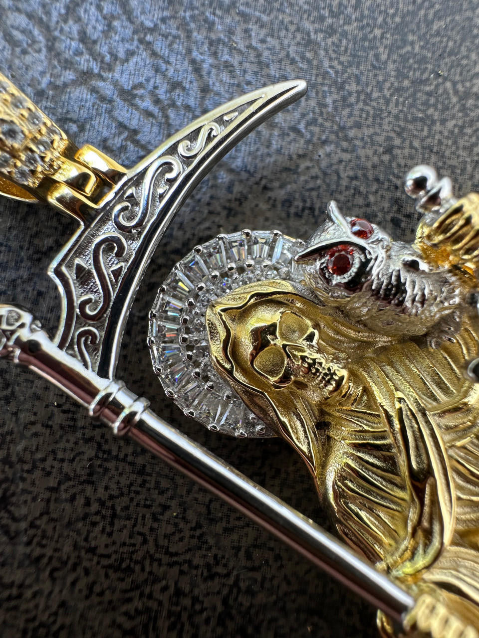 HarlemBling MOISSANITE Santa Muerte Grim Reaper Pendant 925 Silver / 14k Gold Rose Necklace