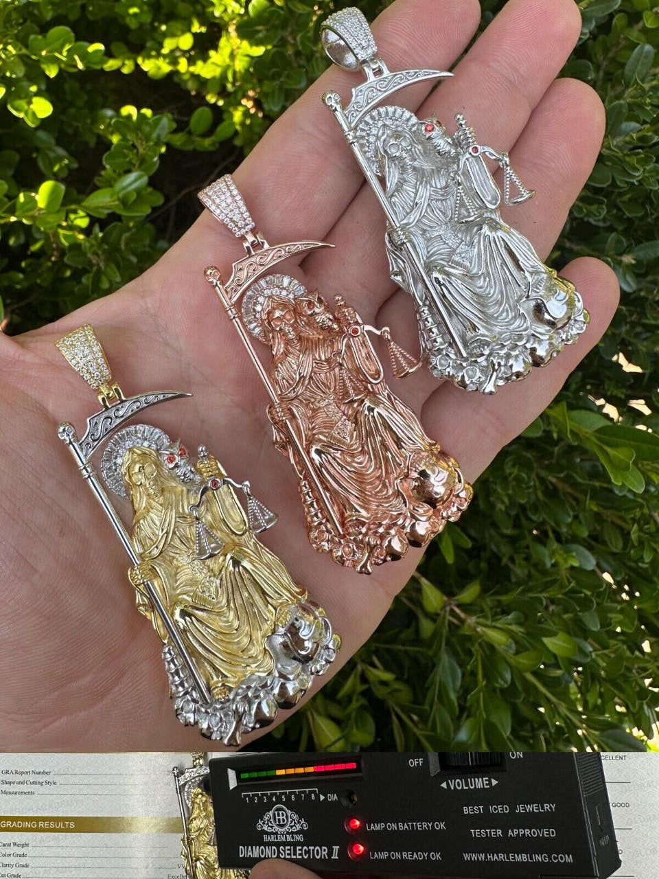 HarlemBling MOISSANITE Santa Muerte Grim Reaper Pendant 925 Silver / 14k Gold Rose Necklace