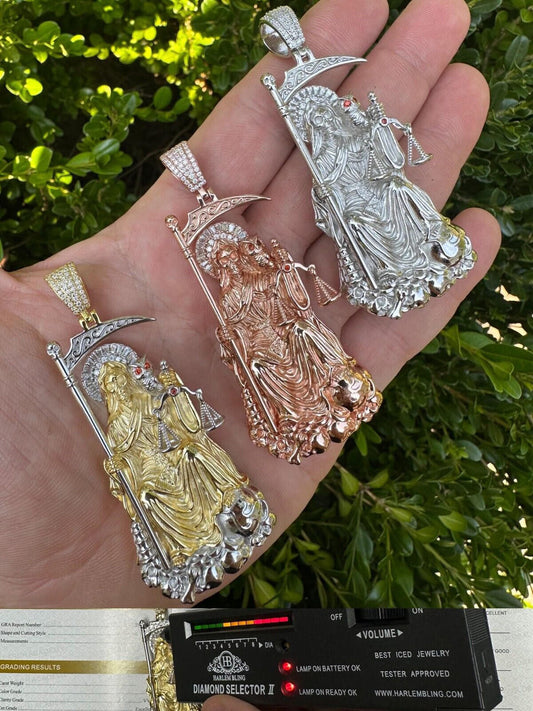 HarlemBling MOISSANITE Santa Muerte Grim Reaper Pendant 925 Silver / 14k Gold Rose Necklace