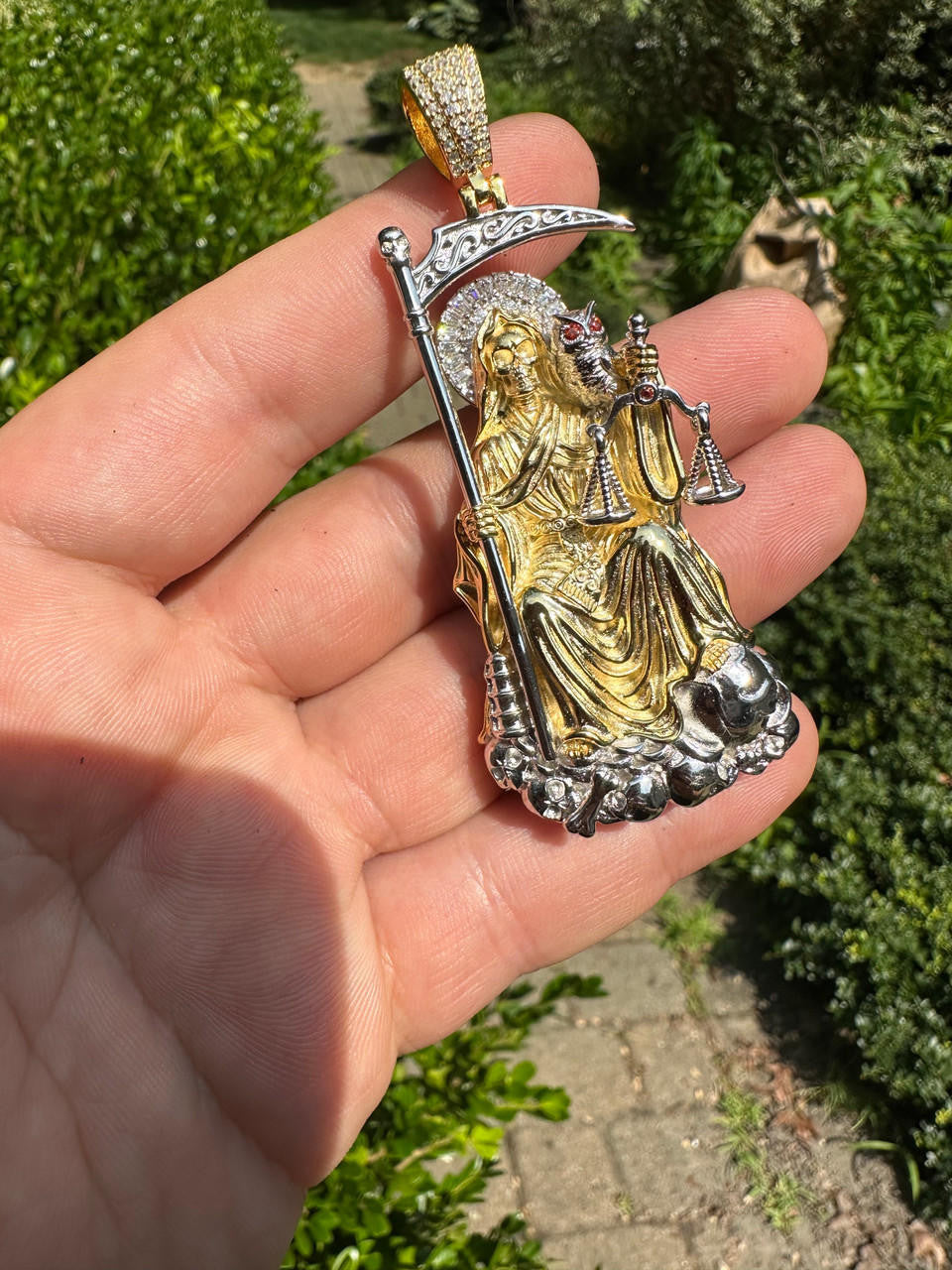 HarlemBling MOISSANITE Santa Muerte Grim Reaper Pendant 925 Silver / 14k Gold Rose Necklace