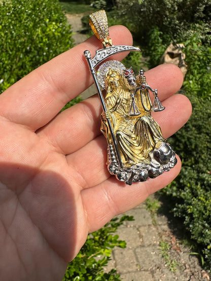 HarlemBling MOISSANITE Santa Muerte Grim Reaper Pendant 925 Silver / 14k Gold Rose Necklace
