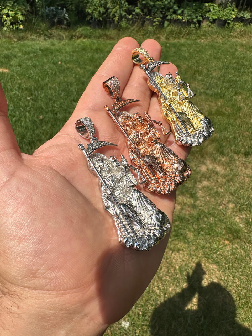 HarlemBling MOISSANITE Santa Muerte Grim Reaper Pendant 925 Silver / 14k Gold Rose Necklace