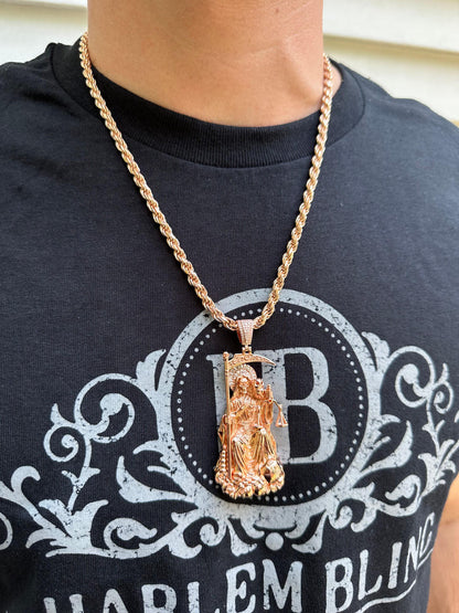 HarlemBling MOISSANITE Santa Muerte Grim Reaper Pendant 925 Silver / 14k Gold Rose Necklace