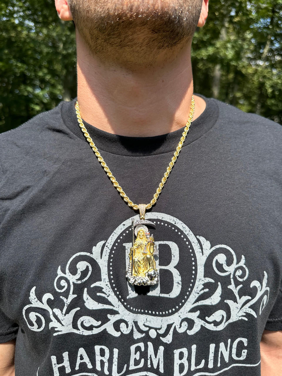 HarlemBling MOISSANITE Santa Muerte Grim Reaper Pendant 925 Silver / 14k Gold Rose Necklace