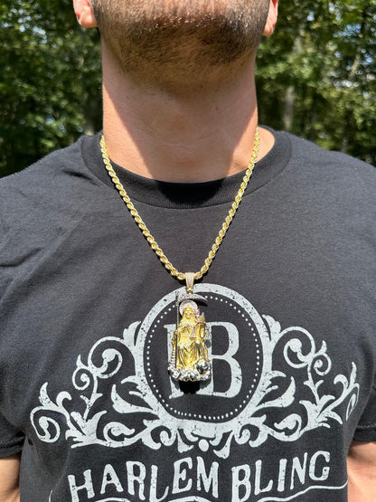 HarlemBling MOISSANITE Santa Muerte Grim Reaper Pendant 925 Silver / 14k Gold Rose Necklace