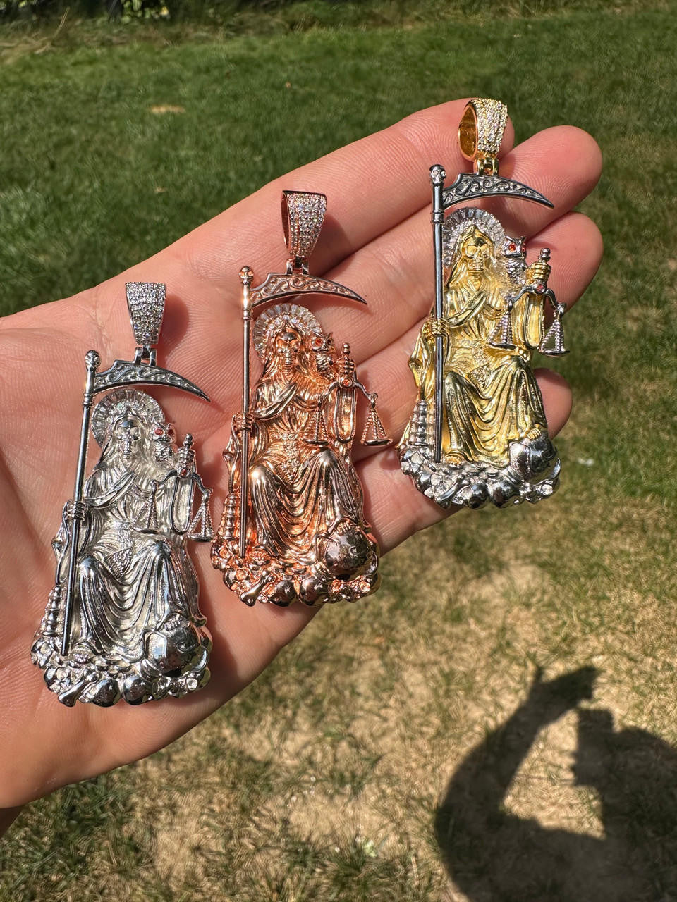 HarlemBling MOISSANITE Santa Muerte Grim Reaper Pendant 925 Silver / 14k Gold Rose Necklace