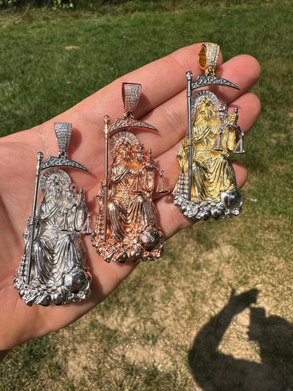 HarlemBling MOISSANITE Santa Muerte Grim Reaper Pendant 925 Silver / 14k Gold Rose Necklace