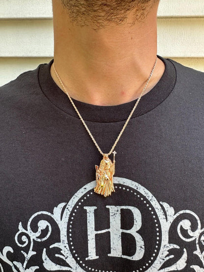 HarlemBling MOISSANITE Santa Muerte Grim Reaper Pendant Skull & AK47 Gun 925 Silver Necklace