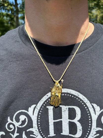 HarlemBling MOISSANITE Santa Muerte Grim Reaper Pendant Skull & AK47 Gun 925 Silver Necklace