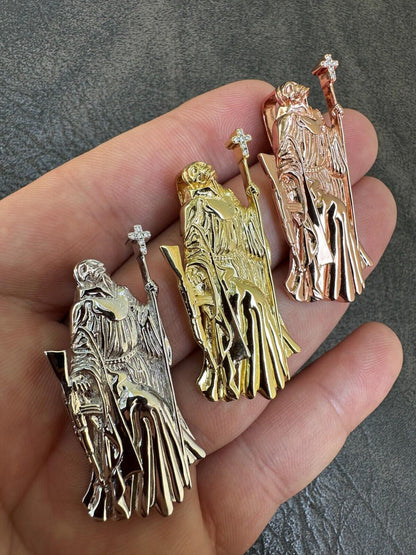 HarlemBling MOISSANITE Santa Muerte Grim Reaper Pendant Skull & AK47 Gun 925 Silver Necklace