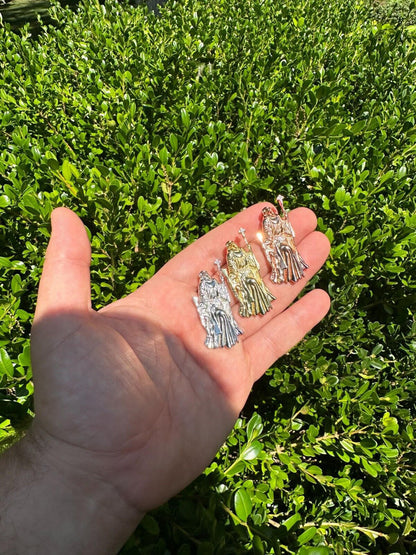 HarlemBling MOISSANITE Santa Muerte Grim Reaper Pendant Skull & AK47 Gun 925 Silver Necklace