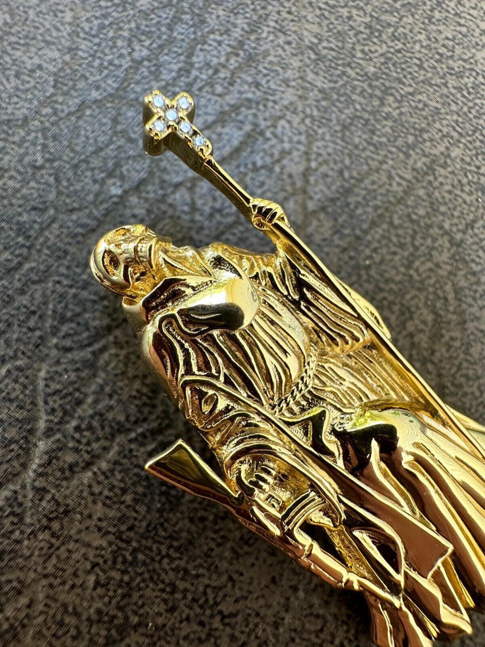 HarlemBling MOISSANITE Santa Muerte Grim Reaper Pendant Skull & AK47 Gun 925 Silver Necklace