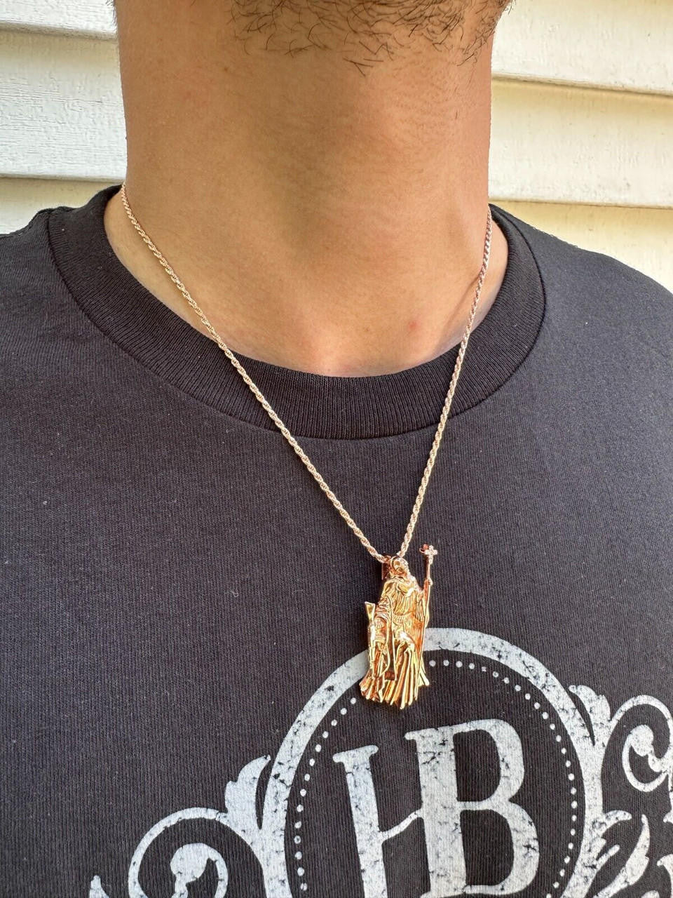 HarlemBling MOISSANITE Santa Muerte Grim Reaper Pendant Skull & AK47 Gun 925 Silver Necklace