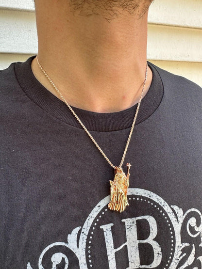 HarlemBling MOISSANITE Santa Muerte Grim Reaper Pendant Skull & AK47 Gun 925 Silver Necklace