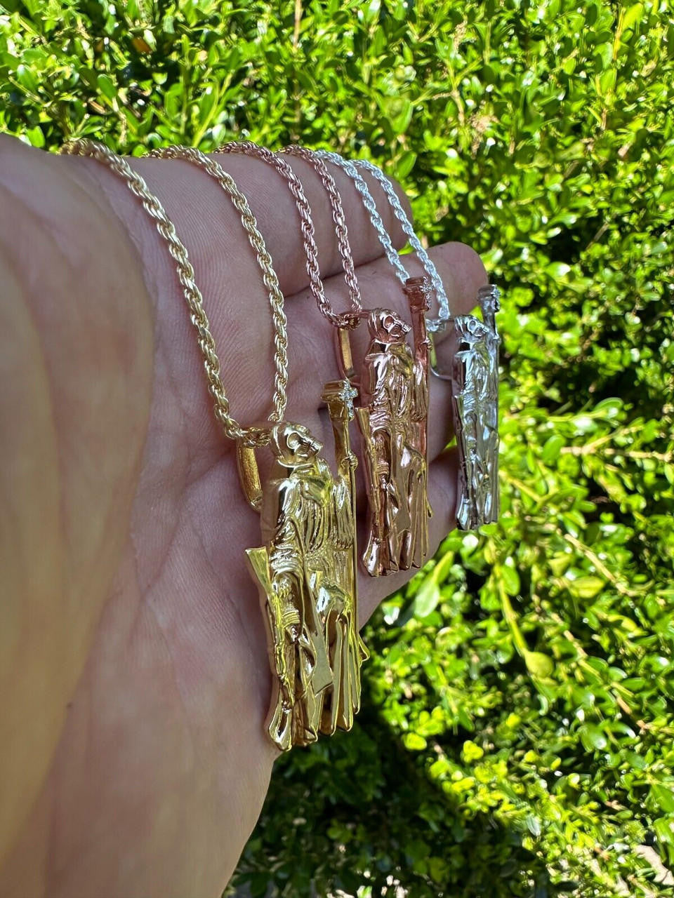 HarlemBling MOISSANITE Santa Muerte Grim Reaper Pendant Skull & AK47 Gun 925 Silver Necklace