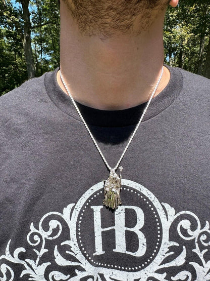 HarlemBling MOISSANITE Santa Muerte Grim Reaper Pendant Skull & AK47 Gun 925 Silver Necklace