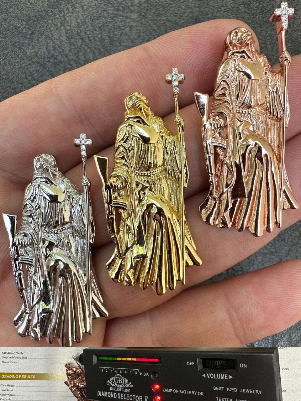 HarlemBling MOISSANITE Santa Muerte Grim Reaper Pendant Skull & AK47 Gun 925 Silver Necklace