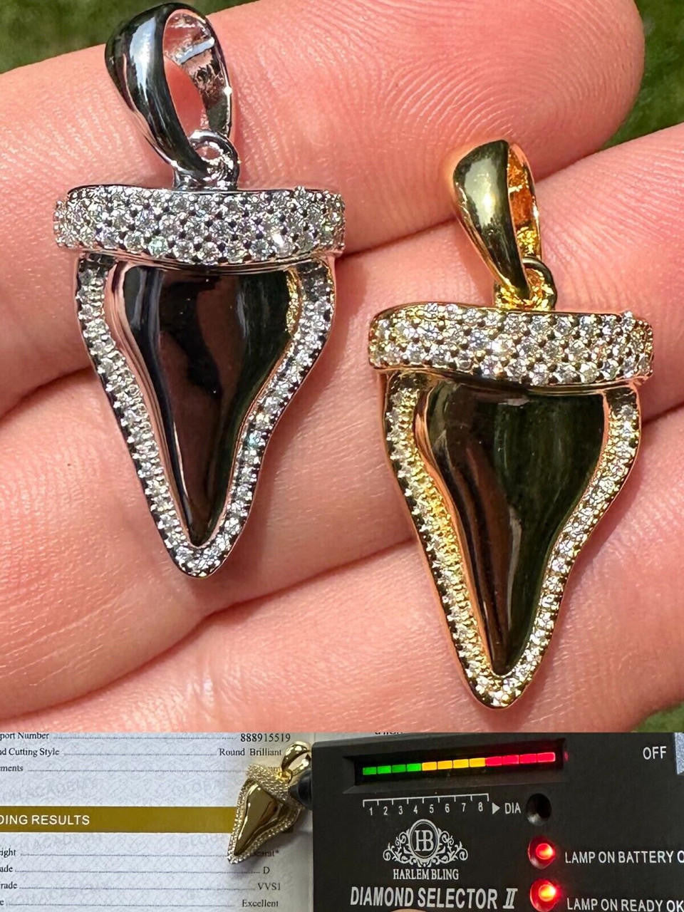 HarlemBling MOISSANITE Shark Tooth Iced Pendant 925 Silver / Gold Plated Hip Hop Necklace