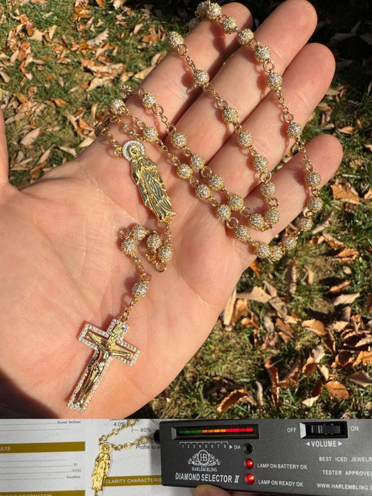 HarlemBling MOISSANITE Sinaloa Cartel Fully Iced Out Rosary Beads Necklace - 14k Gold Vermeil 925 Silver - 6mm - 30"
