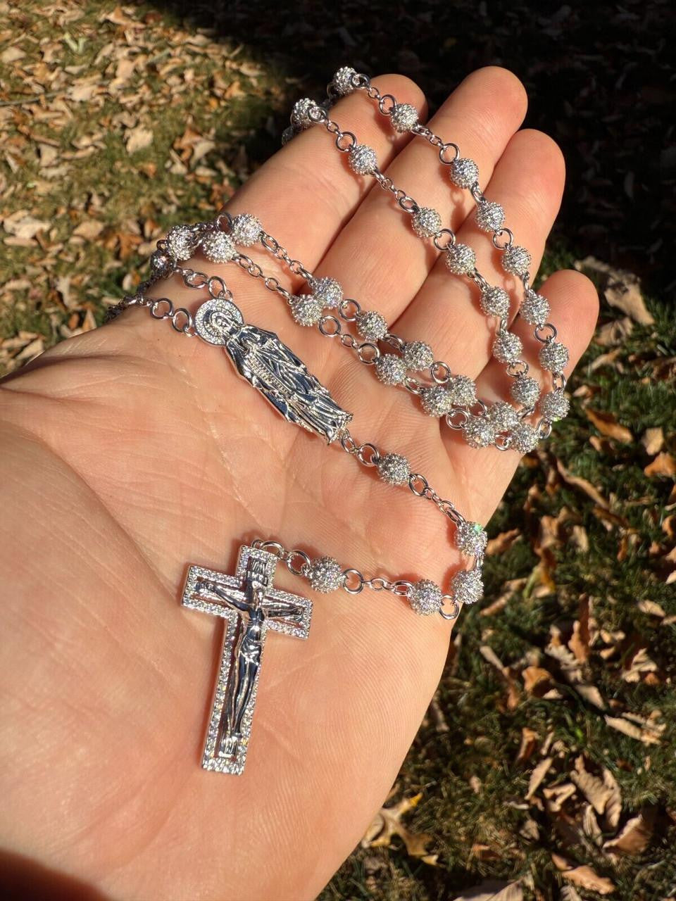 Rosary Beads Necklace Gold & Real 925 Silver Rosario Iced Baguette Rosary Beads Necklace Gold & Real 925 Silver Rosario Iced Baguette