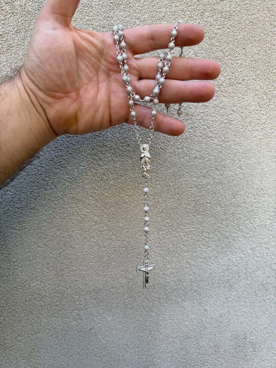 FULLY ICED 16.5ct MOISSANITE Rosary Beads Necklace Silver Rosario