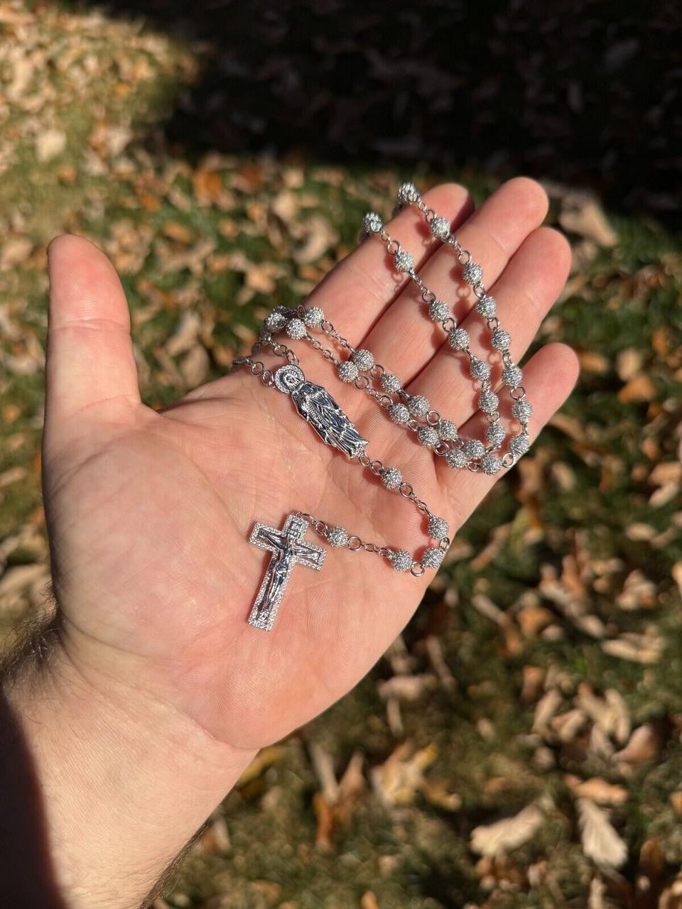 FULLY ICED 16.5ct MOISSANITE Rosary Beads Necklace Silver Rosario