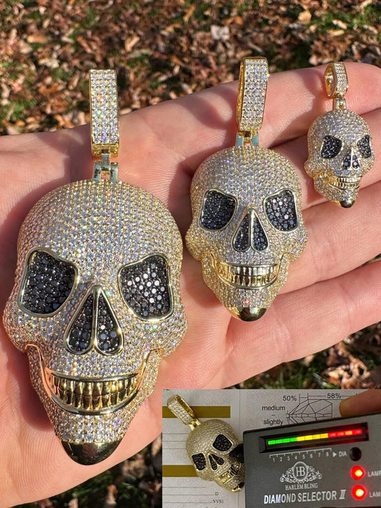 HarlemBling MOISSANITE Skull Iced Fully 3D Hip Hop Pendant Necklace 14k Gold Over 925 Silver