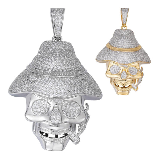HarlemBling MOISSANITE Skull In Fedora Hat Smoking Pendant - 14k Gold Vermeil Or 925 Silver - Medium 1.75"