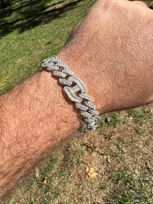 HarlemBling MOISSANITE Solid 925 Silver Mens 15mm Figarucci Gucci Link Prong Cuban Bracelet
