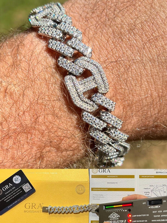 HarlemBling MOISSANITE Solid 925 Silver Mens 15mm Figarucci Gucci Link Prong Cuban Bracelet
