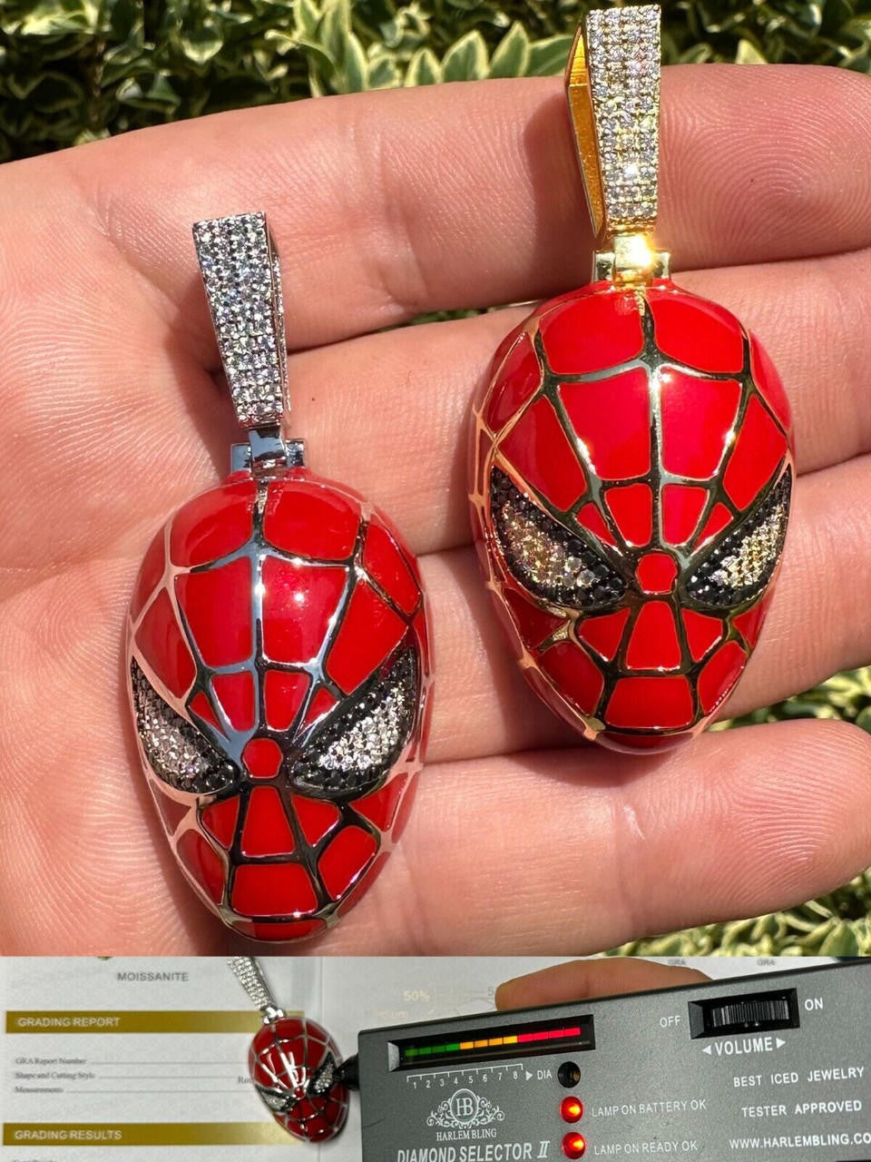 HarlemBling MOISSANITE Spider-Man Mask Real 925 Silver/Gold Plated Iced Pendant Out Necklace