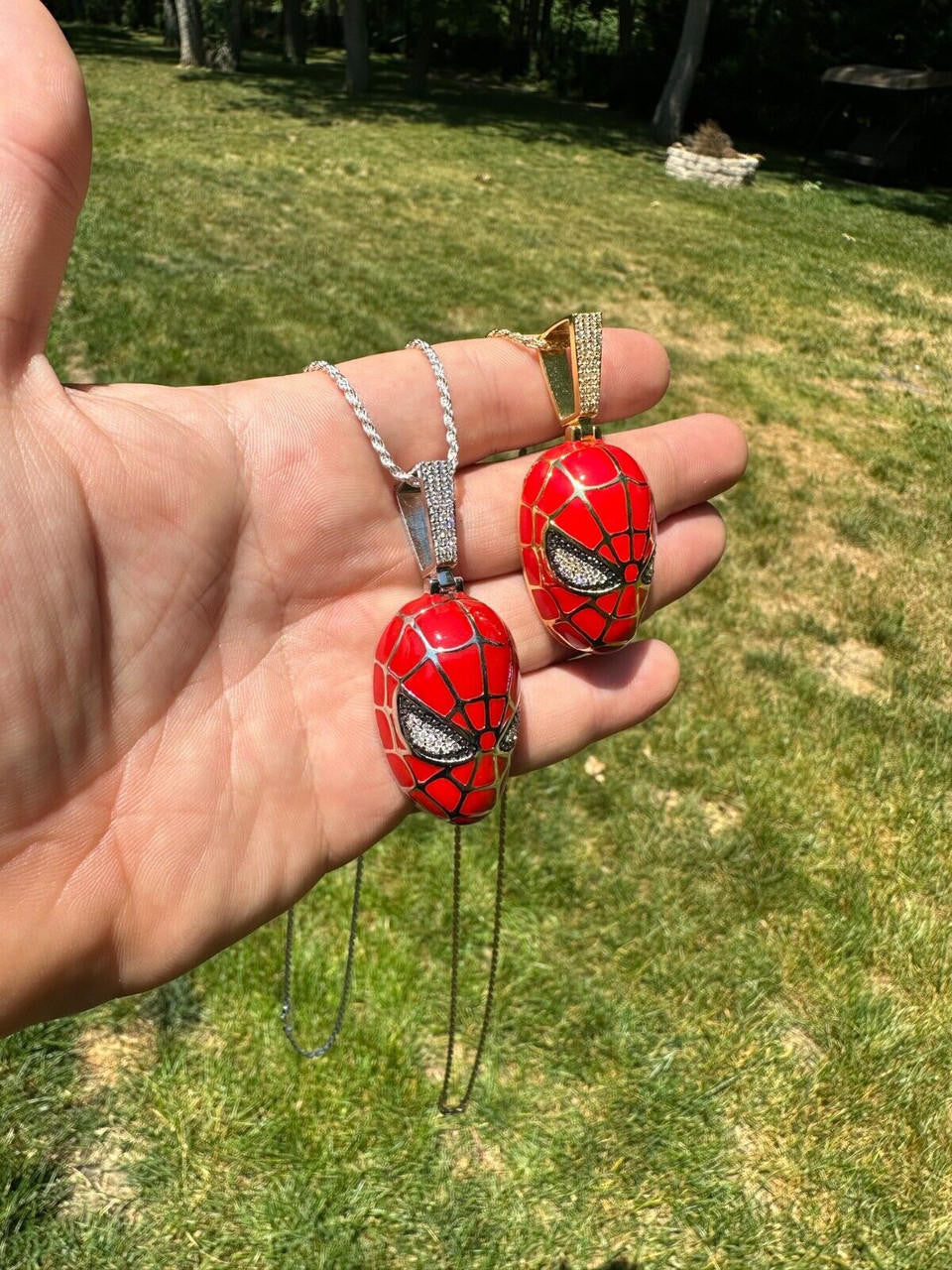 HarlemBling MOISSANITE Spider-Man Mask Real 925 Silver/Gold Plated Iced Pendant Out Necklace