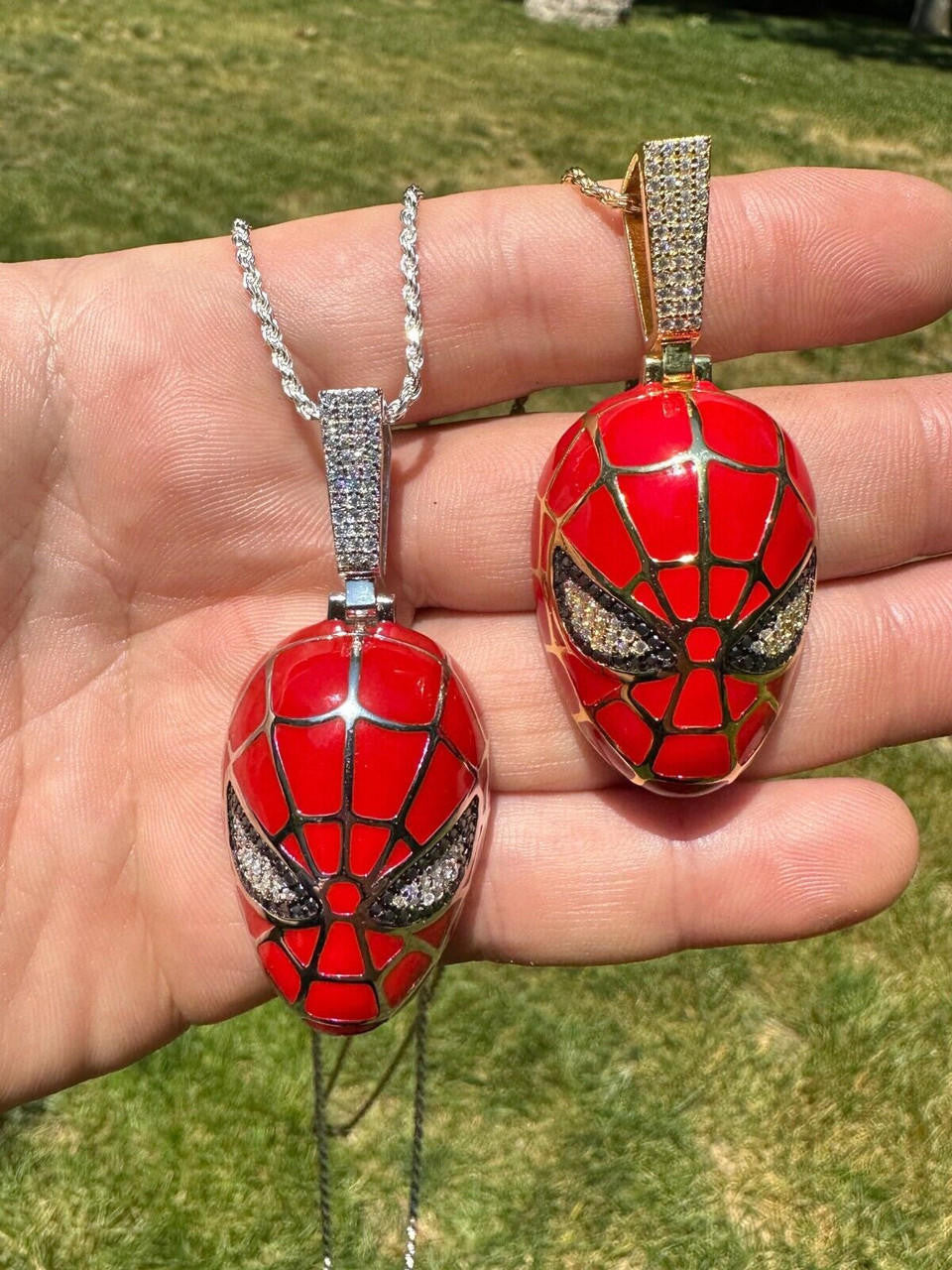 HarlemBling MOISSANITE Spider-Man Mask Real 925 Silver/Gold Plated Iced Pendant Out Necklace