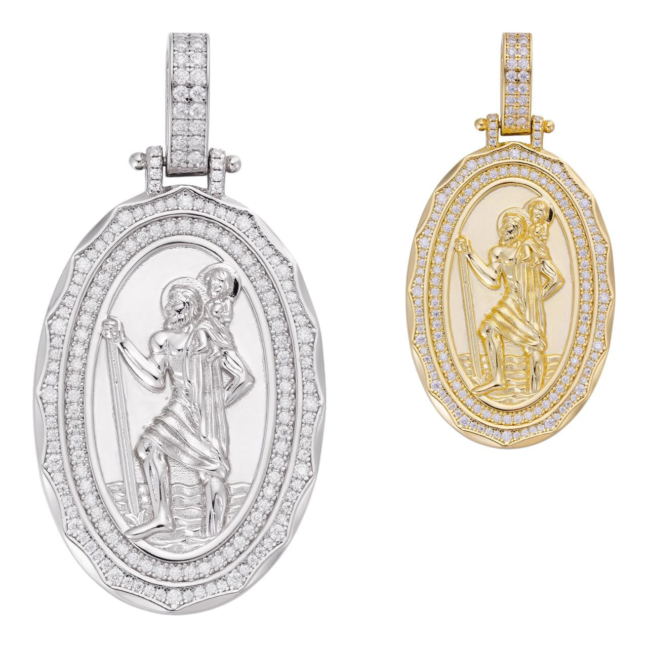 HarlemBling MOISSANITE St Christopher Iced Medallion Pendant - 14k Gold Vermeil Or 925 Silver - Medium 2.25"