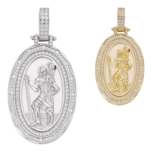 HarlemBling MOISSANITE St Christopher Iced Medallion Pendant - 14k Gold Vermeil Or 925 Silver - Medium 2.25"