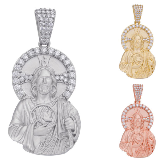 HarlemBling MOISSANITE St Jude San Judas Iced Pendant - 14k Yellow/Rose Gold Vermeil Or 925 Silver  - Large 2.75"